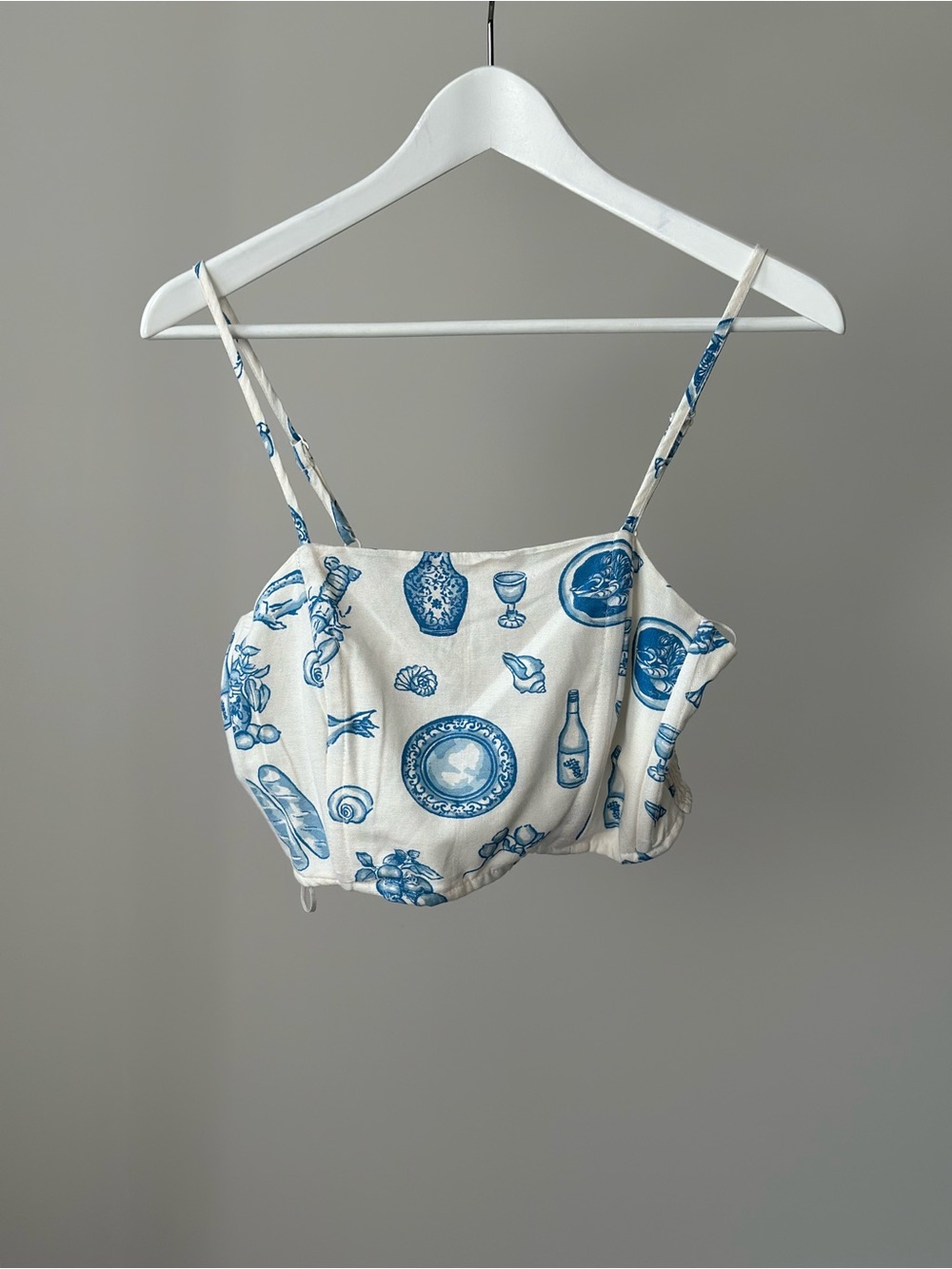 Blue & White Printed Spaghetti Strap Crop Top